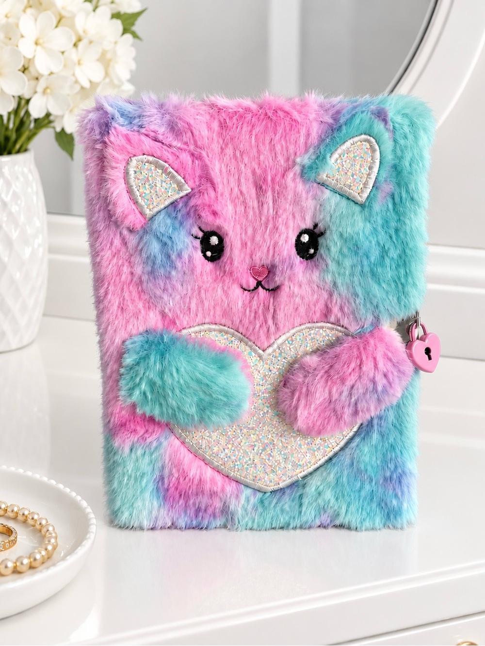Shiny Glitter Fluffy Cat Diary with Lock